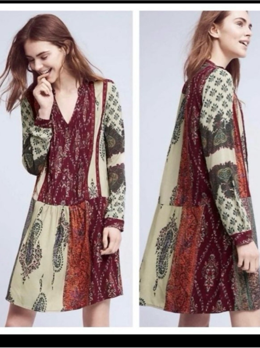 Anthropologie brand Pilcro Patchwork Long-Sleeve Dress - Burgundy & Cream